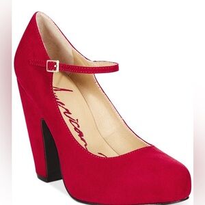 Red Velvet Mary Jane Pumps with Ankle Strap Size 9.5 American Rag, EUC